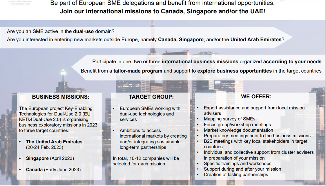 Business missions for European SMEs with a dual-use technology, product or service Business missions for European SMEs with a dual-use technology, product or service