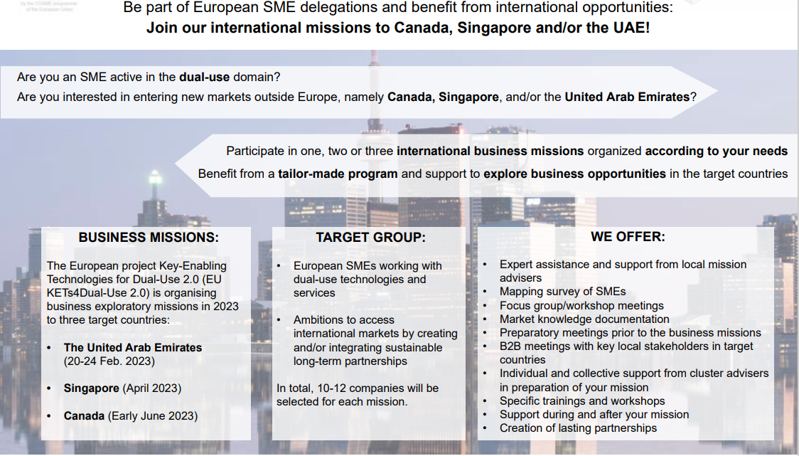 Business missions for European SMEs with a dual-use technology, product or service